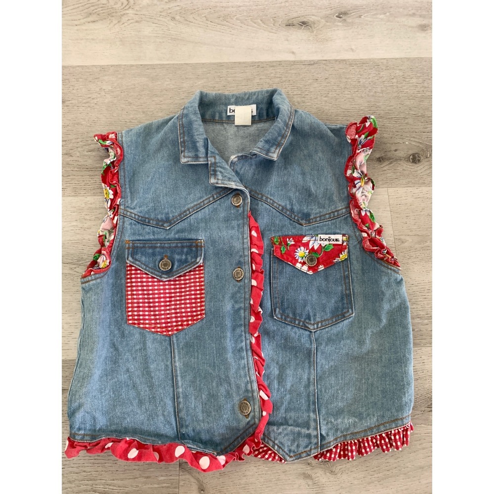 Vintage Bonjour Denim Vest Red‎ Ruffle Floral Gingham Cottagecore Size 16 Womens